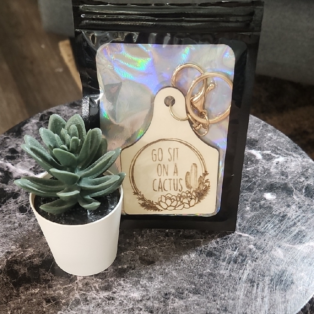Natural Wood 'Go Sit On A Cactus' Keychain with Gold Clasp + Fake Cactus Lol! - Picture 2 of 3
